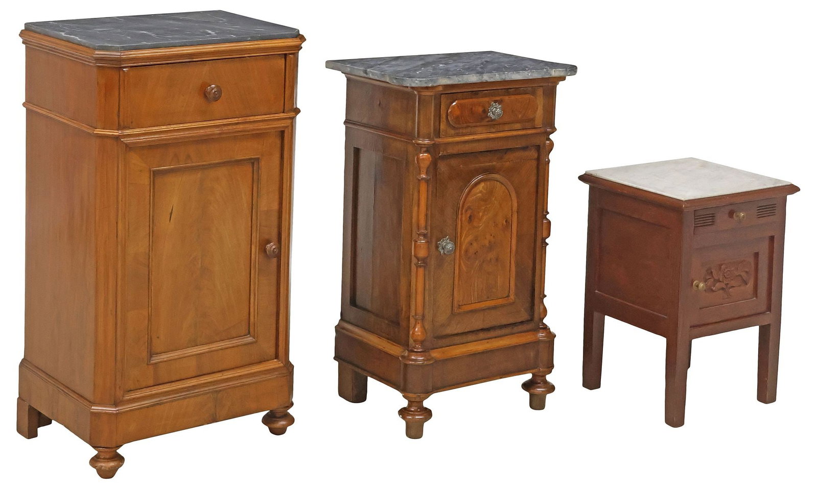 (3) FRENCH ARTS & CRAFTS AND ITALIAN MARBLE-TOP NIGHTSTANDS: (lot of 3) Italian walnut bedside cabinets, 19th c., each with single drawer, over paneled cabinet door with fixed-height shelving, on turned feet, including: (1) shaped marble top, approx 32.5"h, 20.