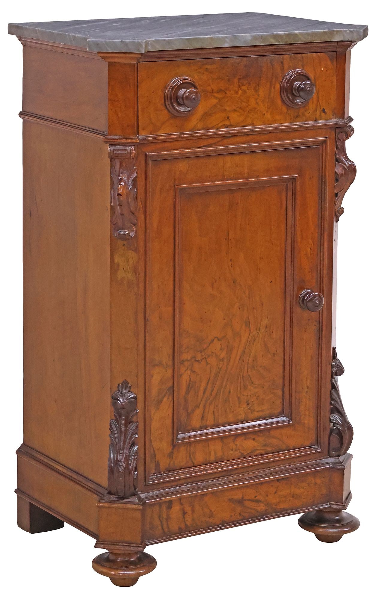 ITALIAN MARBLE-TOP BURLED WALNUT BEDSIDE CABINET, 19TH C. (1 of 6)