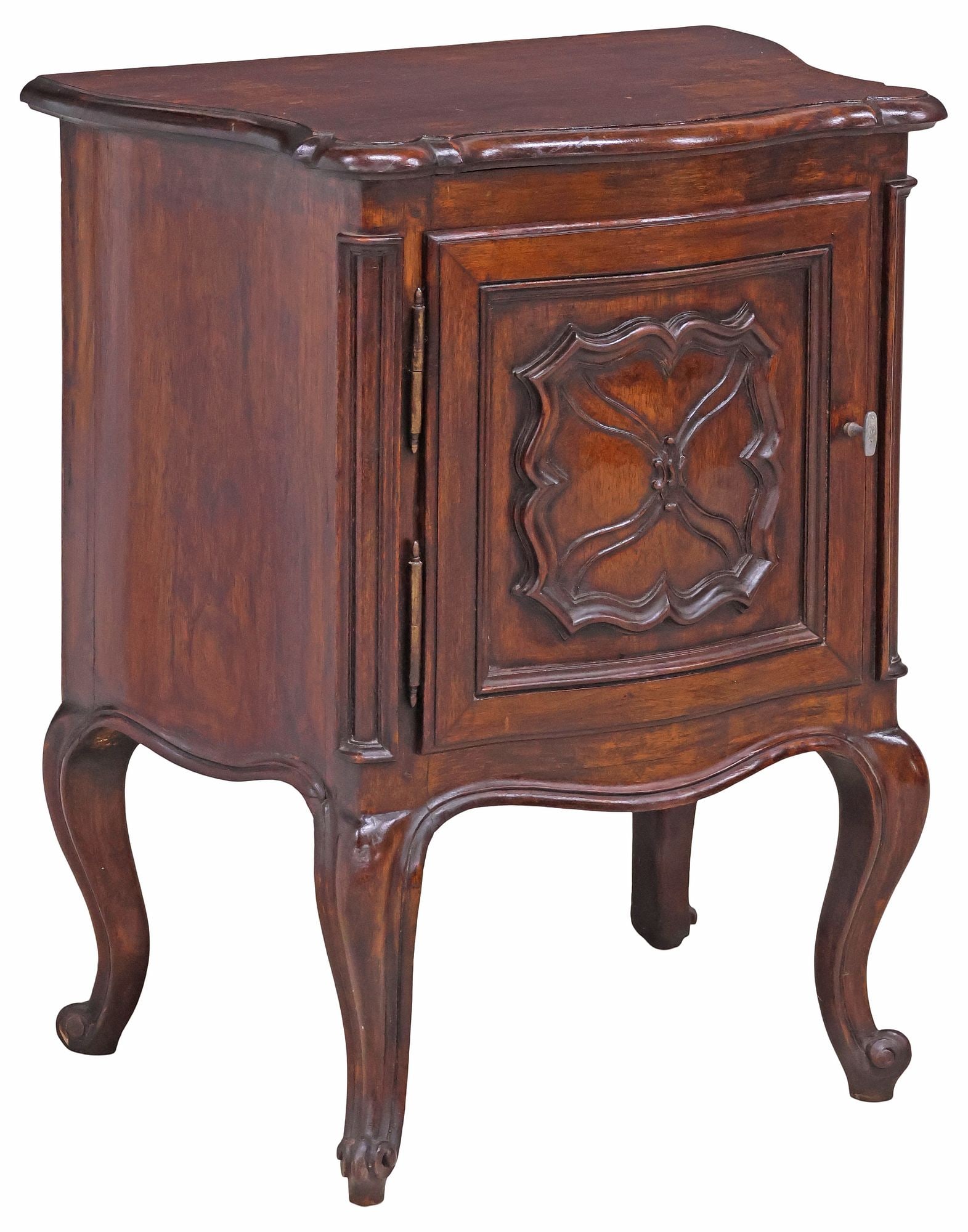 LOUIS XV STYLE CARVED WALNUT BEDSIDE CABINET: Louis XV style carved walnut bedside cabinet, 20th c., shaped top with modeled edge, above cabinet door with floral motif, opening to fixed-height shelf, rising on cabriole legs, ending in whorl feet,