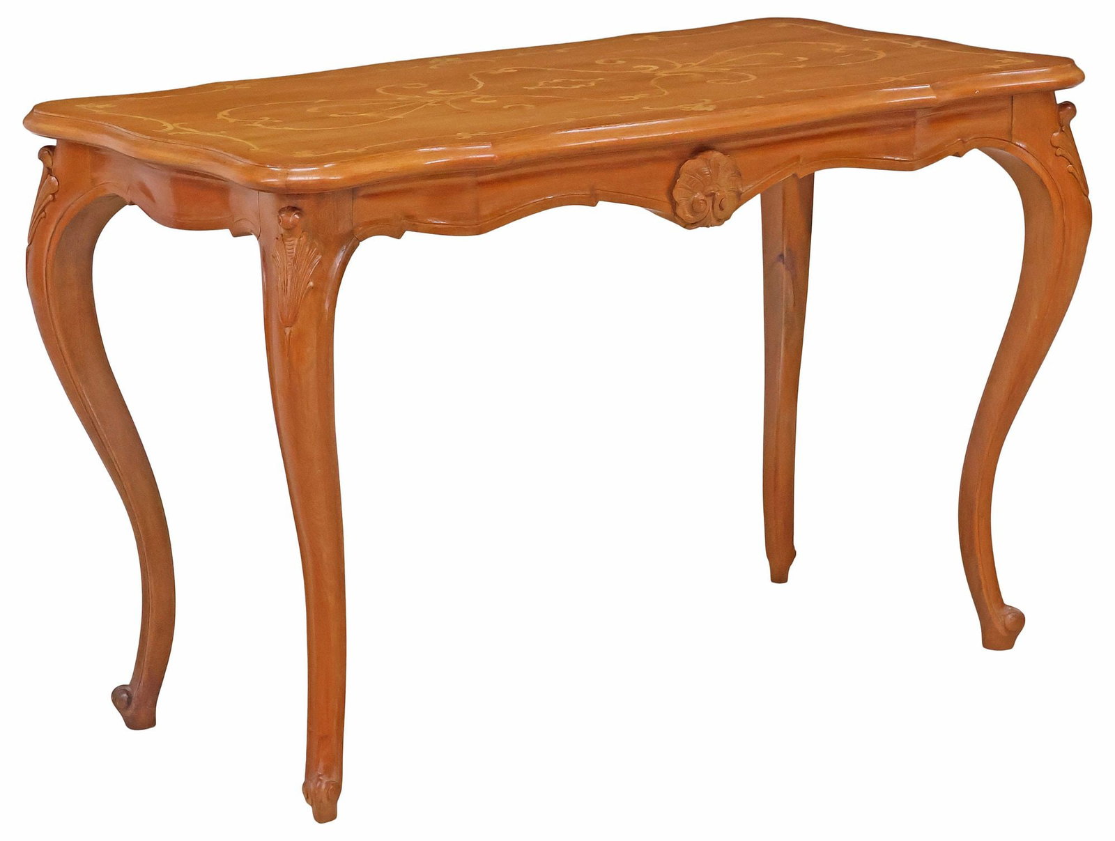 FRENCH BOIS & CHIFFONS ROCOCO STYLE MARQUETRY MAHOGANY SIDE TABLE: French Rococo style inlaid mahogany side table or coffee table, Bois et Chiffons, 20th c., shaped top, with scrolling foliate marquetry, over apron with central shell motif, rising on cabriole legs,