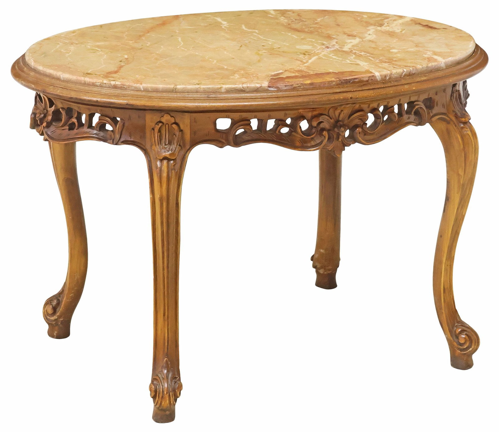 ITALIAN LOUIS XV STYLE MARBLE-INSET CARVED WALNUT COFFEE TABLE: Italian Louis XV style walnut coffee table, 20th c., inset oval marble top, over apron with pierced scrollwork, rising on cabriole legs and whorl feet, marble with small chipped losses to shellac