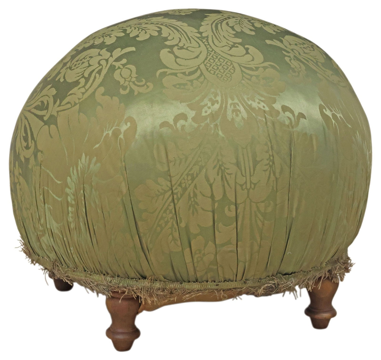 ITALIAN BULBOUS SILK JACQUARD UPHOLSTERED FOOTSTOOL / OTTOMAN: Italian silk jacquard-upholstered ottoman/ footstool, 20th c., of semi-spherical form, with green floral and foliate upholstery, worn fringed trim, rising on turned legs, approx 20"h, 21.25"diam