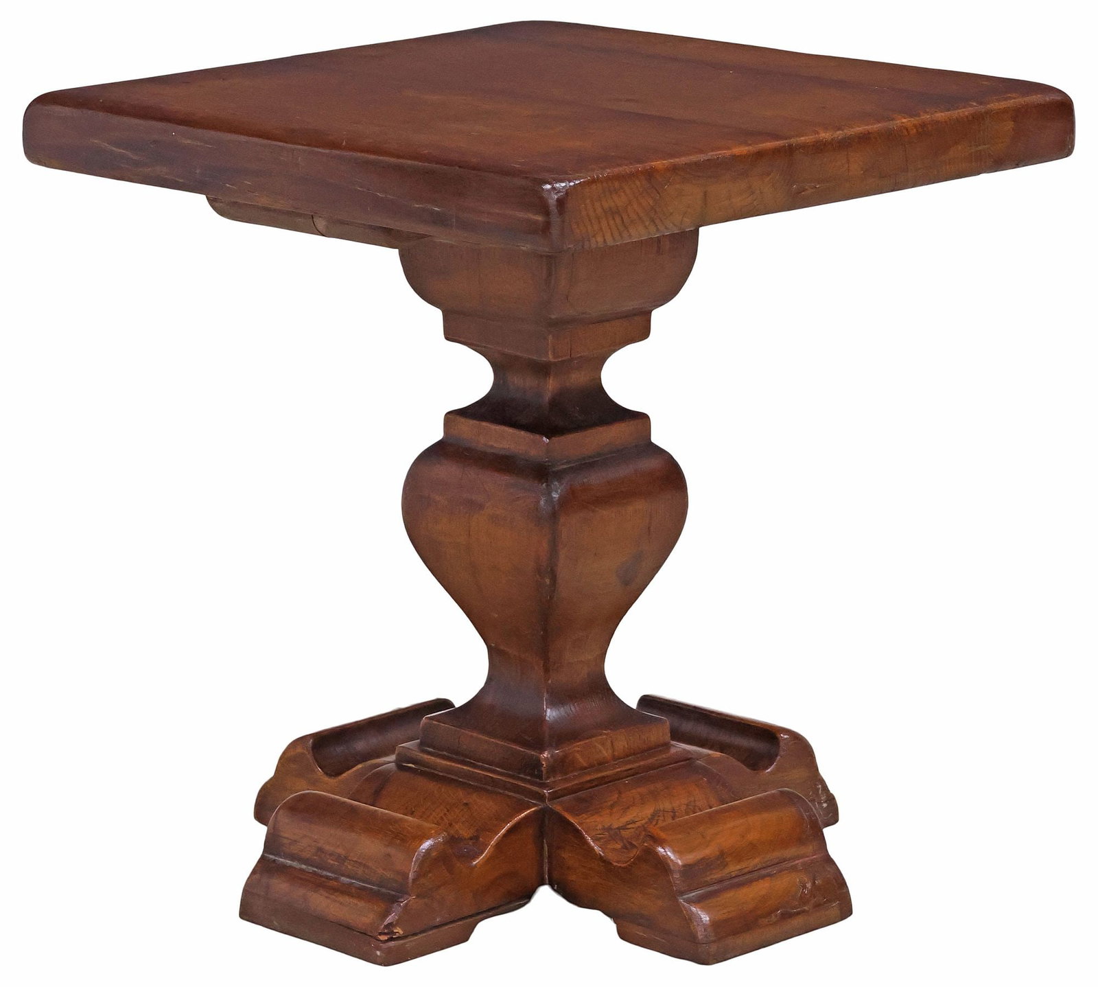 ITALIAN BAROQUE STYLE OAK PEDESTAL SIDE TABLE: Italian Baroque style oak side table, early 20th c., having square top, rising on bulbous turned pedestal and quadripartite base, approx 19.25"h, 17.5"w, 17.5"d