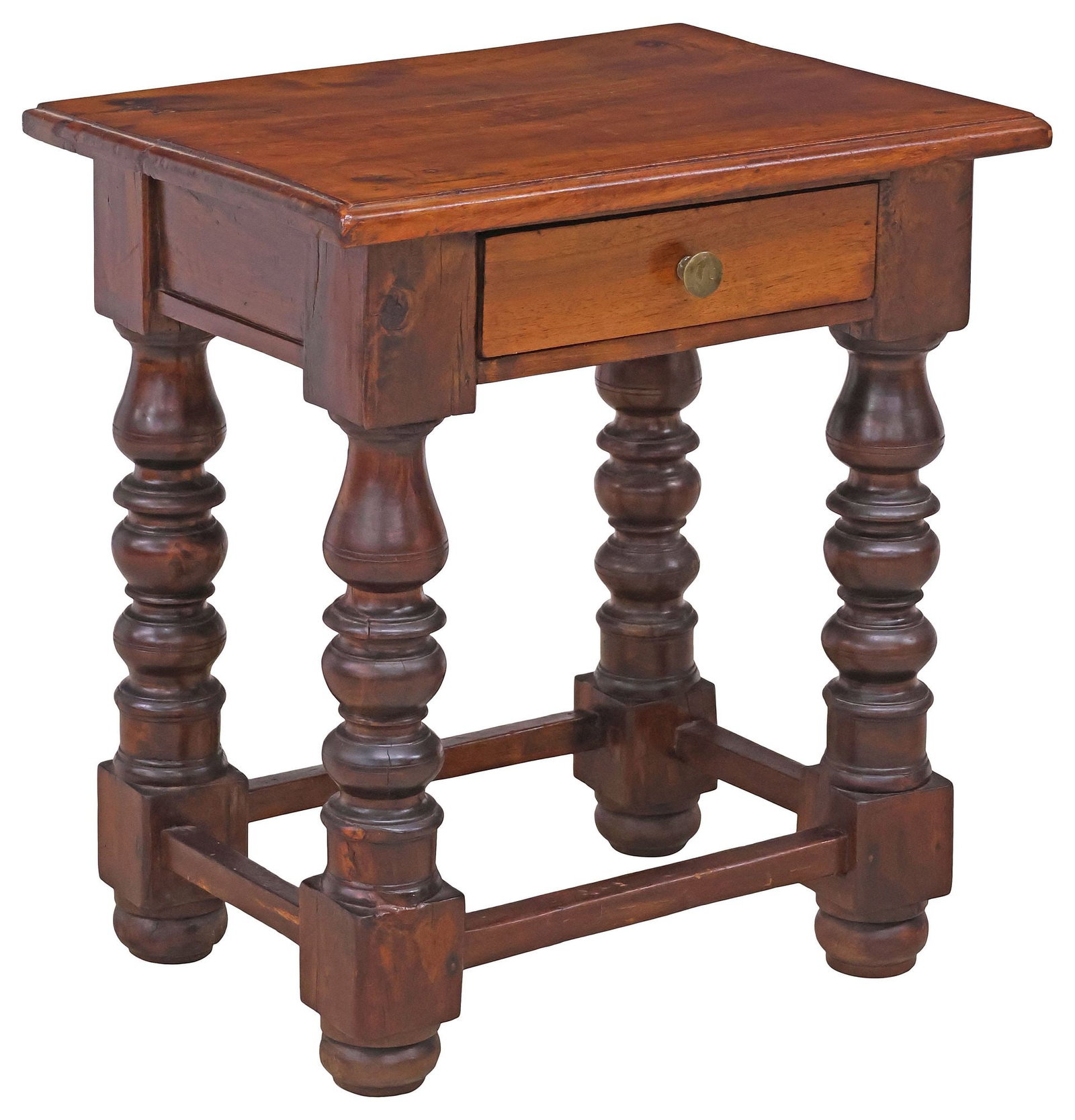 FRENCH PROVINCIAL OAK 1-DRAWER SIDE TABLE ON TURNED LEGS: French Provincial carved oak side table, 19th c., having rectangular top, over single drawer, rising on stretcher-joined turned legs, ending on bun feet, single patch repair to tabletop, approx