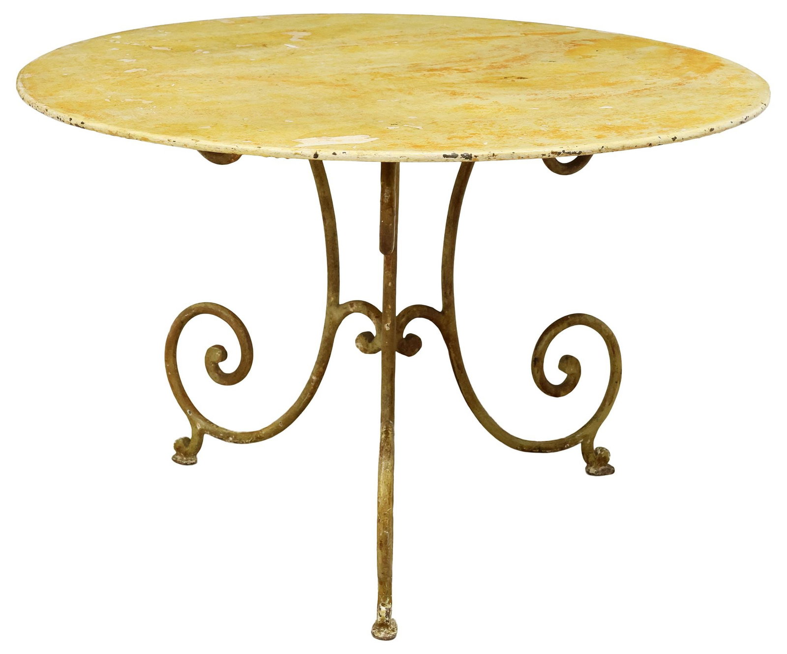 RUSTIC ITALIAN YELLOW-PAINTED IRON GARDEN TABLE: Rustic Italian paint-decorated iron patio table, 20th c., in a worn yellowed painted finish, circular tabletop raised on stretcher-joined scrolled supports, approx 27.75"h, 43.5"diam **PLEASE NOTE: