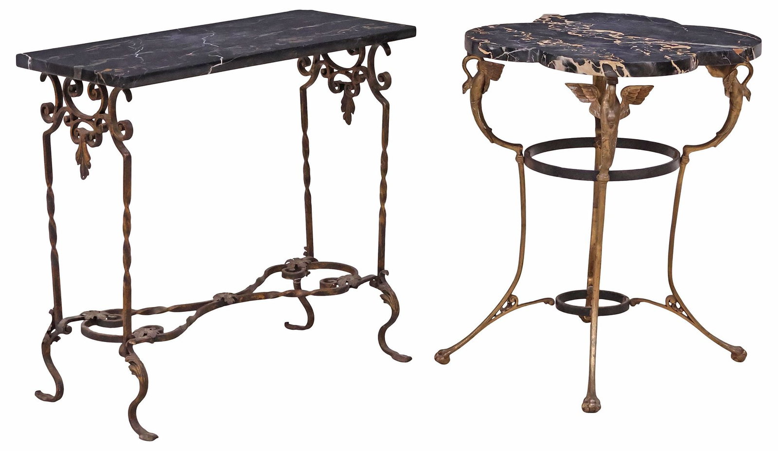 (2) NEOCLASSICAL STYLE MARBLE-TOP CAST IRON SIDE TABLES, 1 W/ BRONZE SWANS (1 of 5)