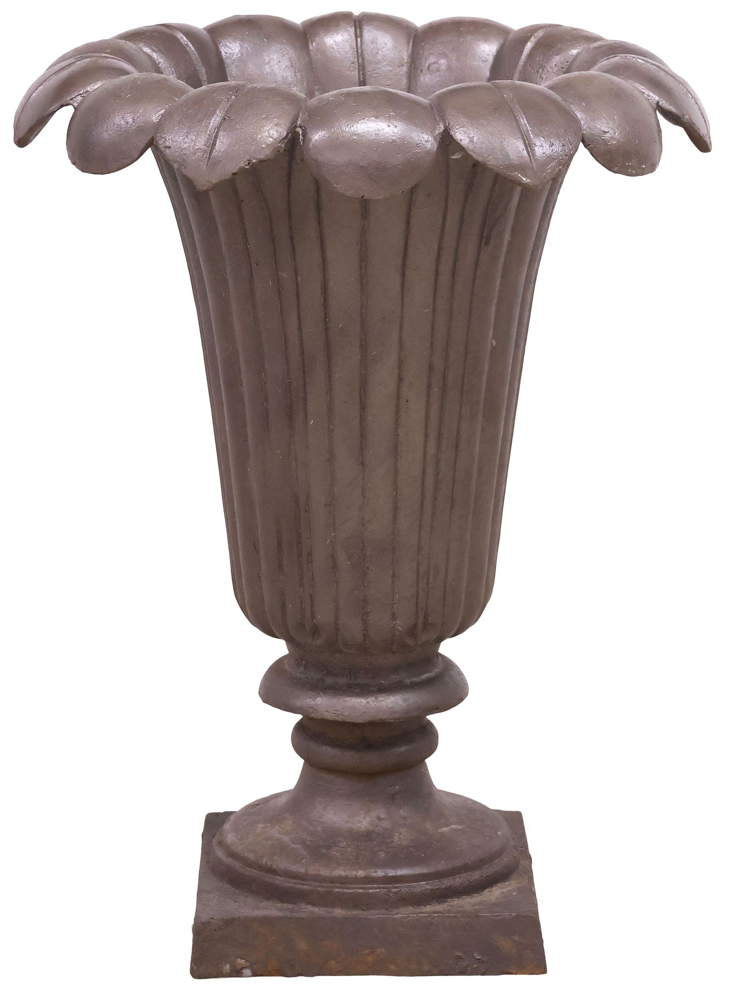 PAINTED CAST IRON REEDED URN-FORM GARDEN PLANTER: Painted cast iron garden planter/ jardiniere, in a metallic painted finish, with flared and lobed rim, tapering reeded body, ending at integral socle base, rising on square plinth, approx 26.75"h,