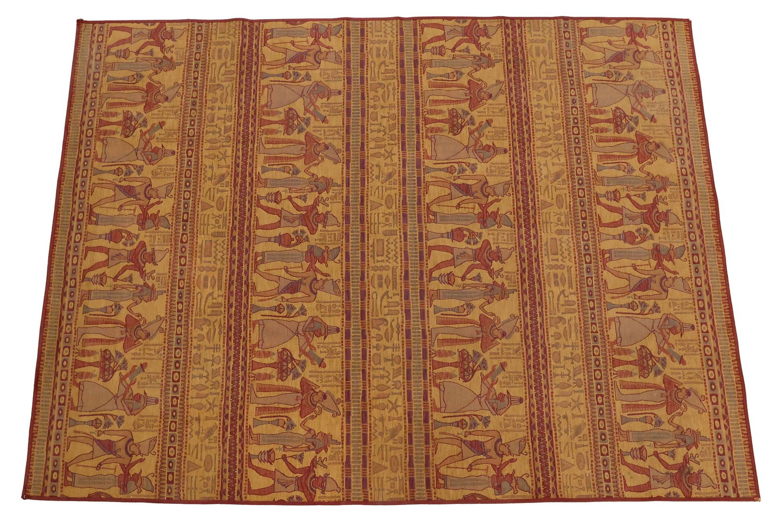 ESTATE EGYPTIANESQUE MACHINE-WOVEN PHARAONIC RUG, 6'1" X 4'7": Estate Egyptianesque machine-woven rug, with alternating registers of hieroglyphics and pharaonic narrative scenes, approx 6'1"l, 4'7"w **Provenance: Dallas, Texas: When the madness of collecting