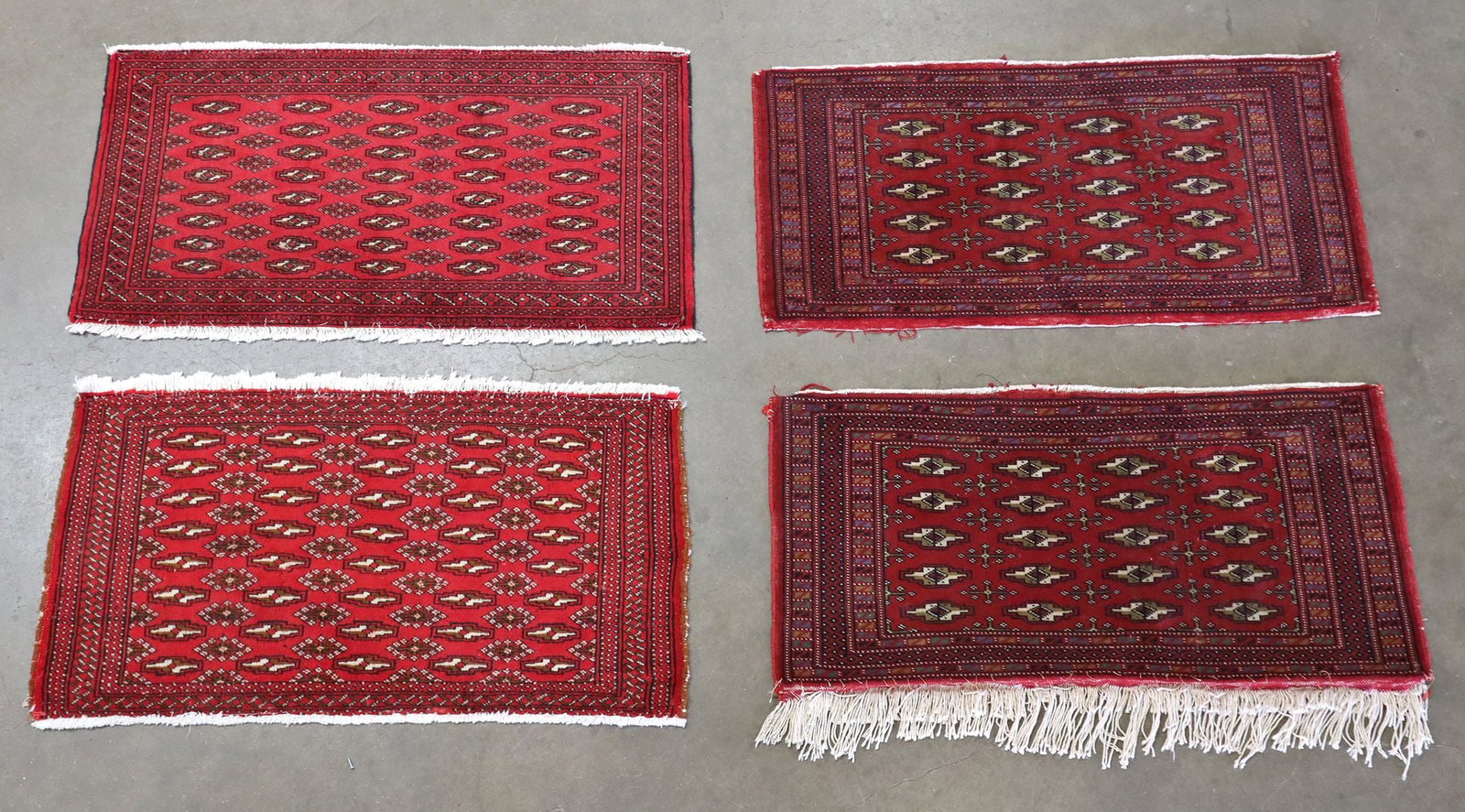(4) ESTATE HAND-TIED TURKEMAN SCATTER RUGS, LARGEST: 3'8" X 1'10": (lot of 4) Estate hand-tied Turkeman scatter rugs, largest: approx 3'8"l, 1'10"w **Please Note: All of the rugs offered in this auction would likely benefit from a professional