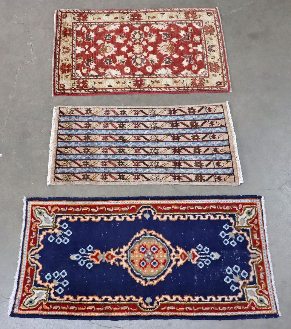 (3) ESTATE HAND-TIED GHANZI & KERMAN SCATTER RUGS, LARGEST: 3'4" X 2': (lot of 3) Estate hand-tied scatter rugs, including: (2) Ghanzi rugs, (1) Kerman rug, some overall freckling and scattered pile loss, largest: approx 3'4"l, 2'w **Please Note: All of the rugs offered
