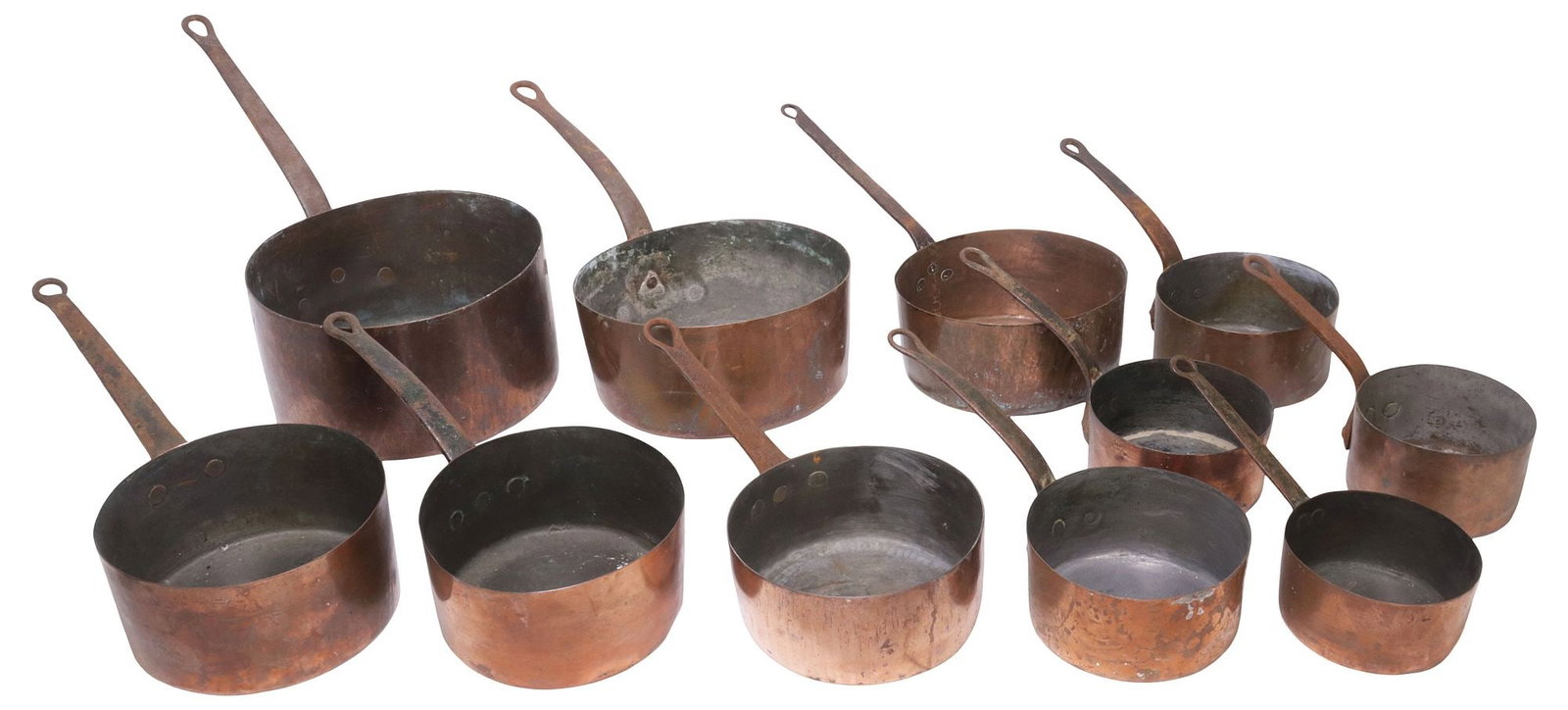 (11) RUSTIC FRENCH COPPER & METAL SAUCEPANS: (lot of 11) Rustic French copper saucepans, each with iron handle, (one) marked C. B. to side, (one) marked D. I. to side, largest: approx 12.5"h, 12"w, 23.75"d, smallest: approx 6"h, 5.75"w, 12"d,