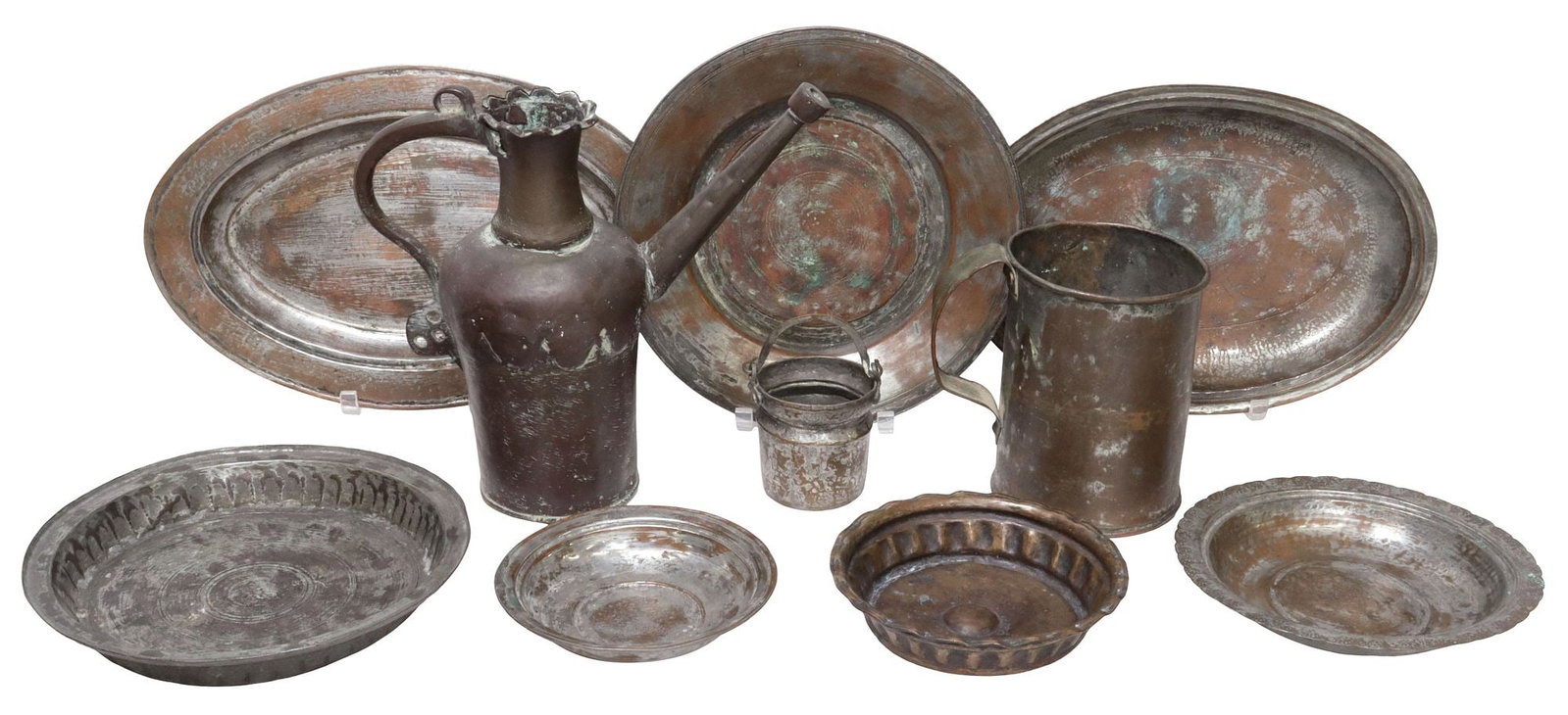 (10) TINNED COPPER TABLE ARTICLES, 1 ISLAMIC PLATE, 1 TURKISH WATERING CAN (1 of 8)