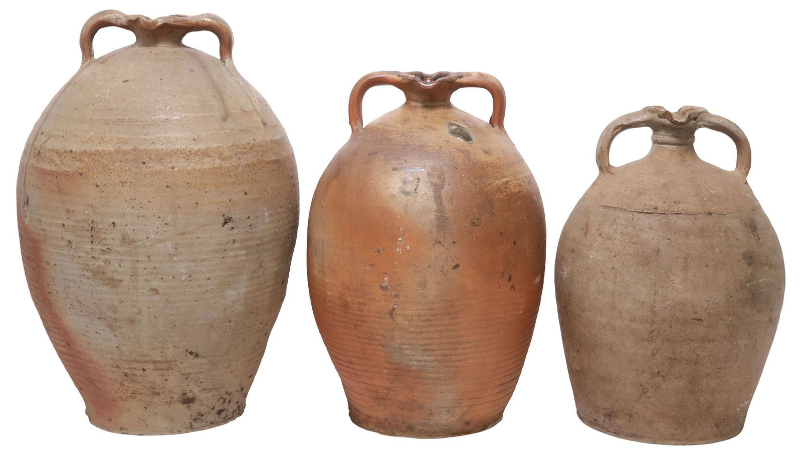 (3) FRENCH PROVINCIAL STONEWARE OIL JUGS: (lot of 3) French Provincial stoneware oil jugs, each with small pinched spout and dual handles, over tapered body, largest: approx 15"h, 10"diam, 24lbs total