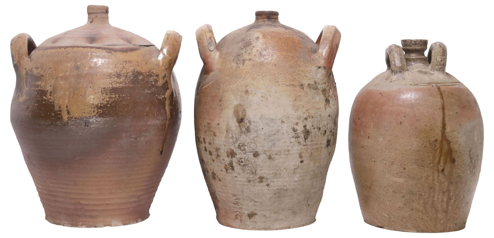 (3) FRENCH PROVINCIAL STONEWARE OIL JUGS: (lot of 3) French Provincial stoneware oil jugs, each with dual side handles, over tapered body, largest: approx 13.5"h, 10.5"diam, 22lbs total