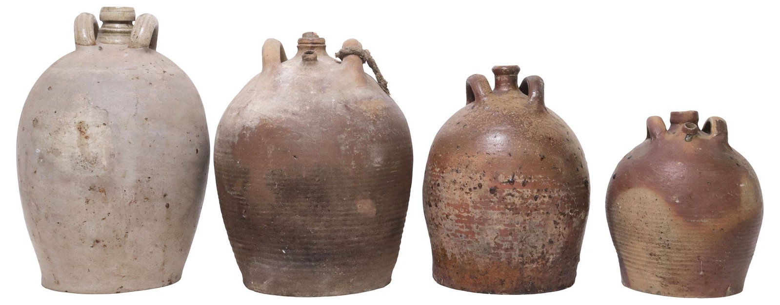 (4) FRENCH PROVINCIAL STONEWARE OIL JUGS: (lot of 4) French Provincial stoneware oil jugs, each with dual side handles, over tapered body, largest: approx 13.5"h, 9"diam, 26lbs total