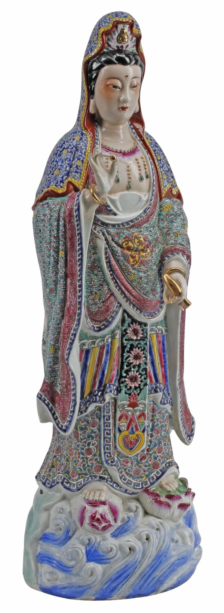 LARGE CHINESE ENAMELED PORCELAIN FIGURE OF GUANYIN, 24"H: Large Chinese enameled porcelain figure of Guanyin, with multi-character mark underfoot, intact with restoration to fingers, approx 24"h, 9"w, 7"d, 10.75lbs