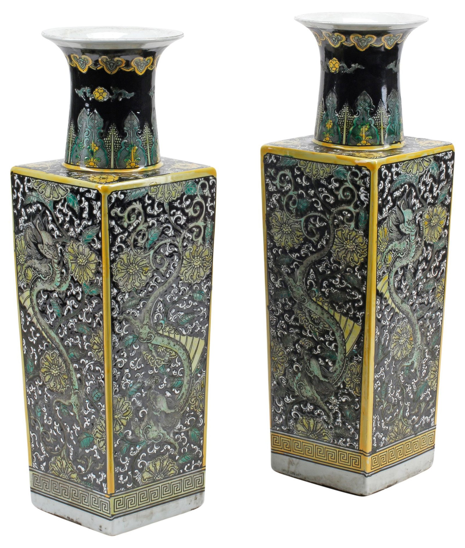 (2) CHINESE FAMILLE NOIRE PORCELAIN SQUARE VASES: (pair) Chinese famille noire porcelain square vases, each having flared rim and tapering body, with dragons and floral medallions on scrolled ground, honorific Kangxi-style six-character mark underfoo