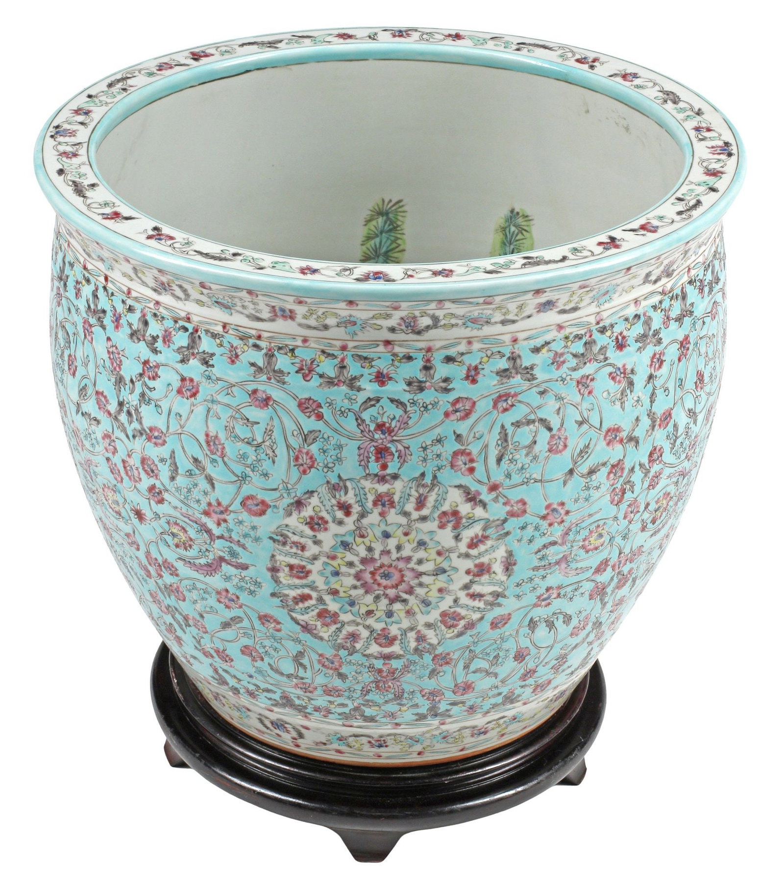 LARGE CHINESE FAMILLE ROSE PORCELAIN FISH BOWL PLANTER: Chinese famille rose porcelain fish bowl planter/ jardiniere, with polychrome enameled floral medallions and scrolled vinery with foliates, the interior with goldfish amongst aquatic vegetation, maker