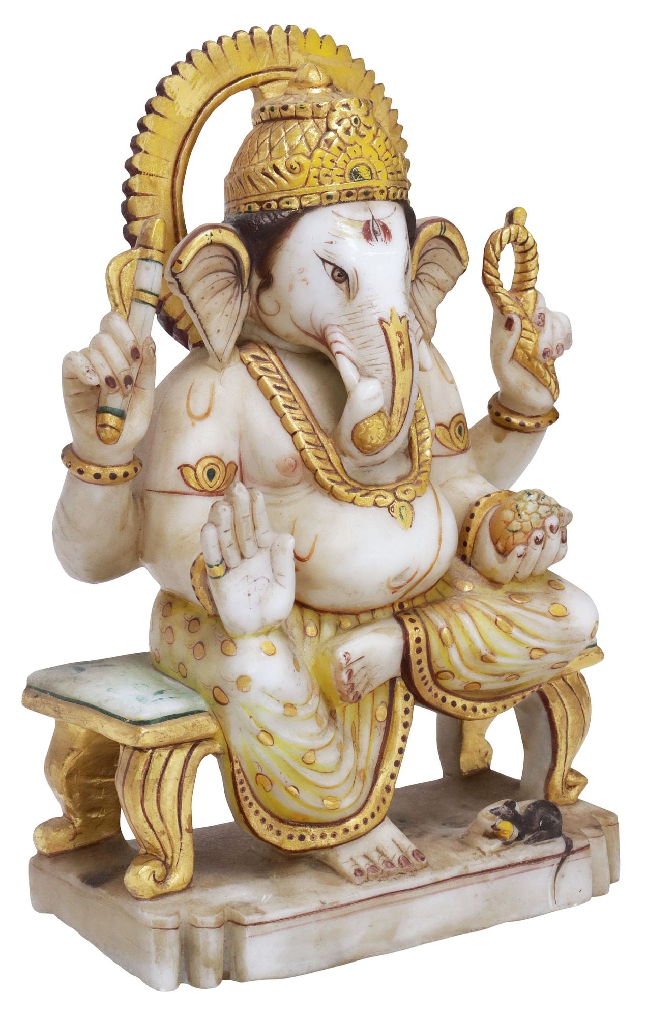 HINDU PARCEL-GILT PAINTED & CARVED MARBLE GANESHA SCULPTURE, INDIA: Hindu carved marble sculpture, India, rendered as the god Ganesha, with parcel-gilt and painted features, seated in Lalitasana, one hand in the abhaya mudra, other hands holding respective attributes 