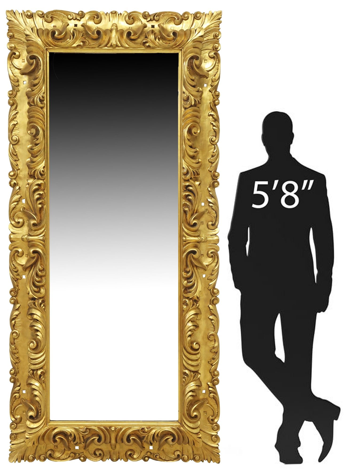 LARGE ITALIAN BAROQUE STYLE GILTWOOD FULL-LENGTH MIRROR, 83"H: Large Italian Baroque style giltwood and gesso full-length mirror, 20th c., dense scrolling foliate frame, encasing flat mirror plate, approx 83"h, 40"w, 90lbs