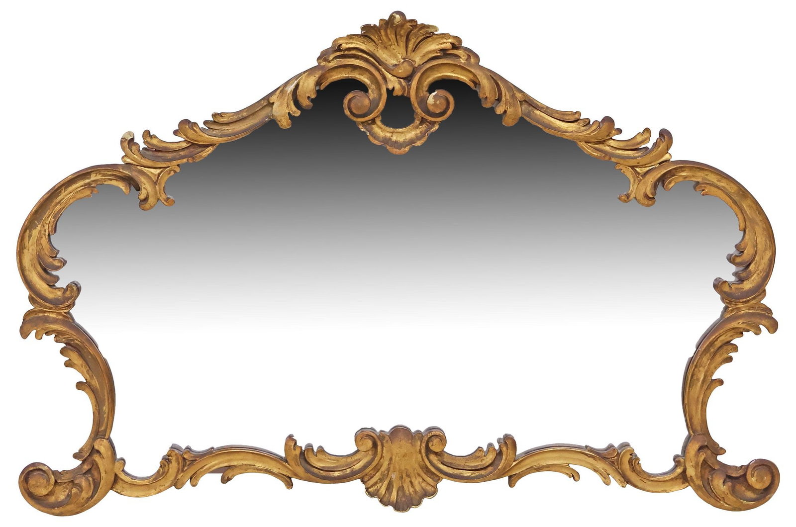 LOUIS XV STYLE GILTWOOD OVERMANTEL MIRROR: Louis XV style giltwood overmantel mirror, early 20th c., shaped scrolling foliate frame with fanned crest, encasing flat mirror plate, on scrolled supports, some gilt painted touch-ups, approx 28.5"h