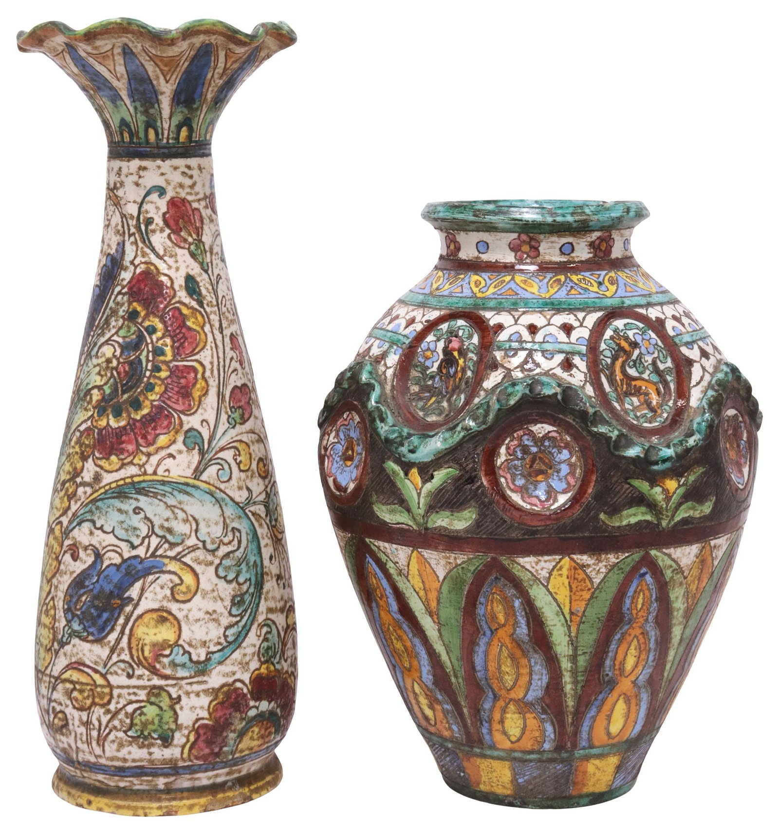(2) ITALIAN SGRAFFITO-DECORATED MAJOLICA VASES: (lot of 2) Italian sgraffito-decorated majolica vases, 20th c., including: (1) having flared and ruffled rim, over tapering body with scrolling foliates and floral motifs, approx 16"h, 5"diam; (1)