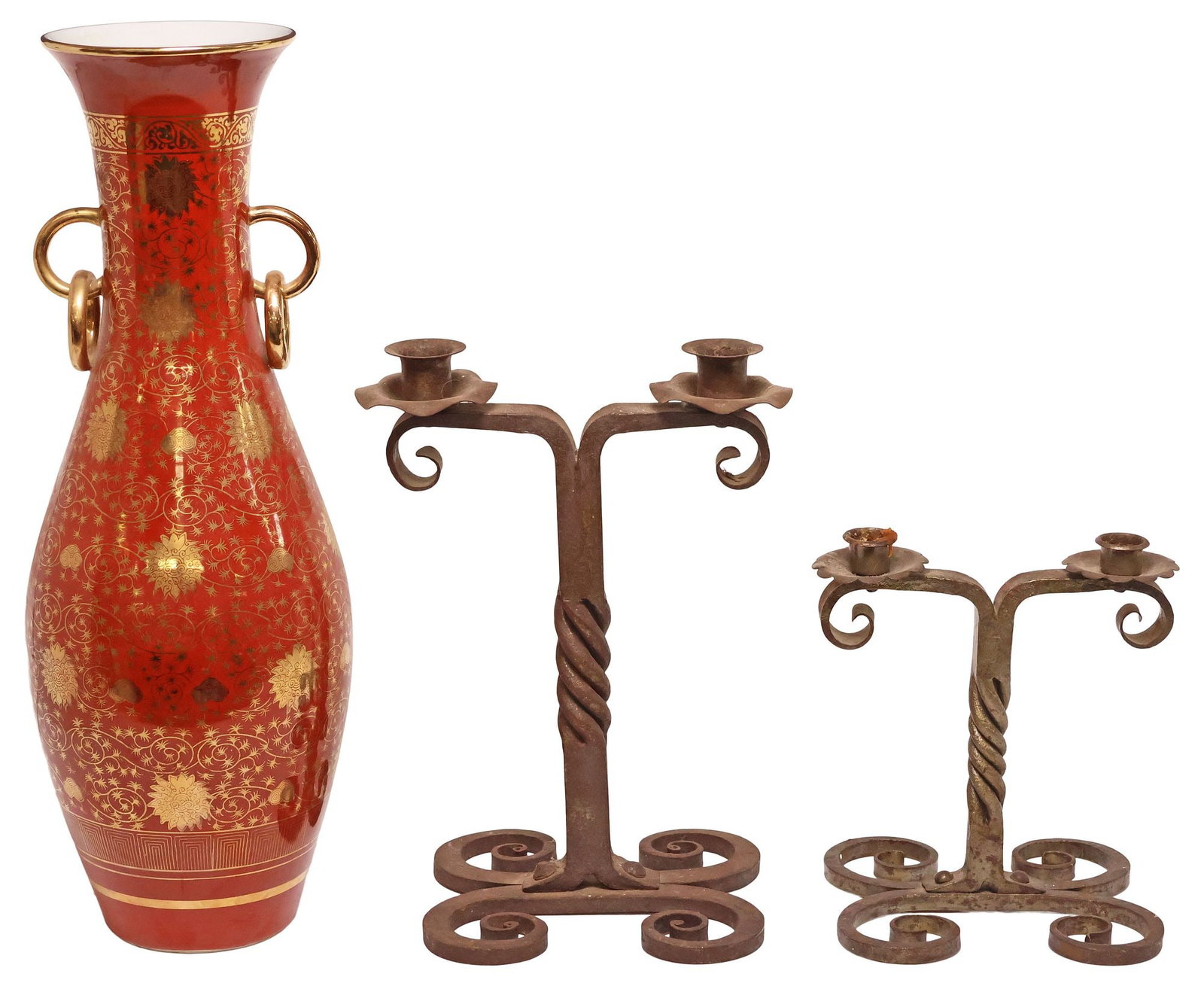 (3) TABLE DECOR, WROUGHT IRON CANDELABRA & CHINESE PORCELAIN VASE: (lot of 3) Decorative table articles, including: (2) English wrought iron two-light candelabra, each with twisted standard, issuing two scrolled arms supporting scalloped bobeches, foundry mark "The E