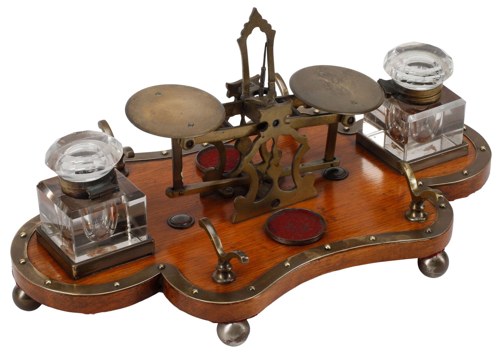 ENGLISH OAK INKSTAND WITH GLASS INKWELLS & POST / LETTER SCALE (1 of 4)