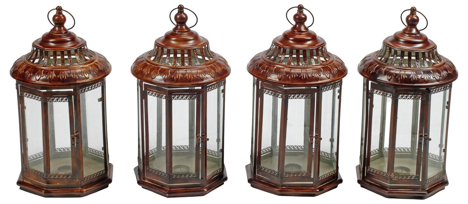 (4) OCTAGONAL REPOUSSE TOLE 1-LIGHT HANGING CANDLE LANTERNS: (lot of 4) Octagonal single-light tole hanging candle lanterns, each having pierced cover with repousse foliate motifs, over glazed case encasing single candle pricket, not currently electrified,