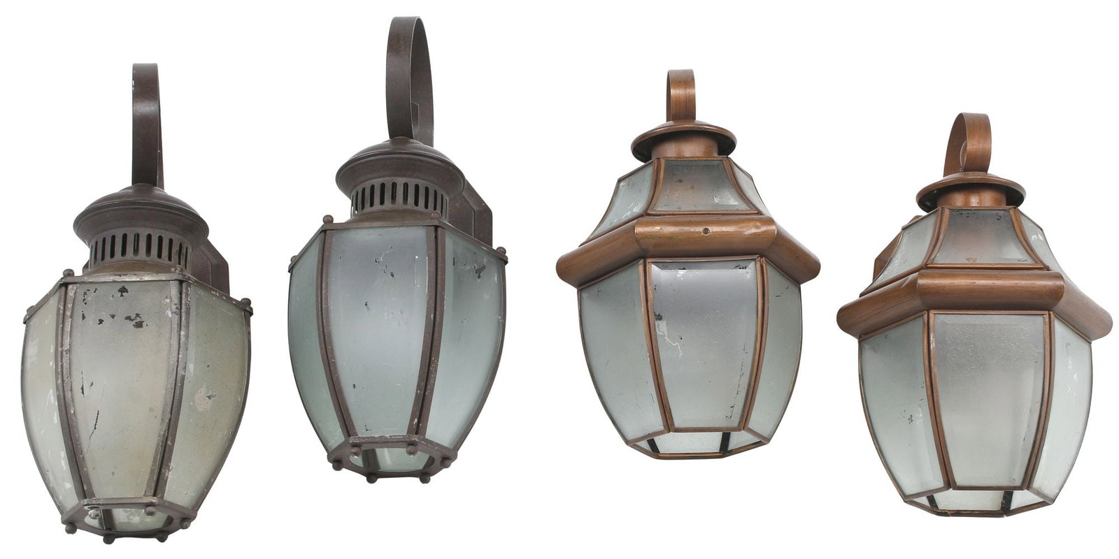 (4) HEXAGONAL TOLE & FROSTED GLASS WALL LANTERNS, TWO PAIRS (1 of 4)