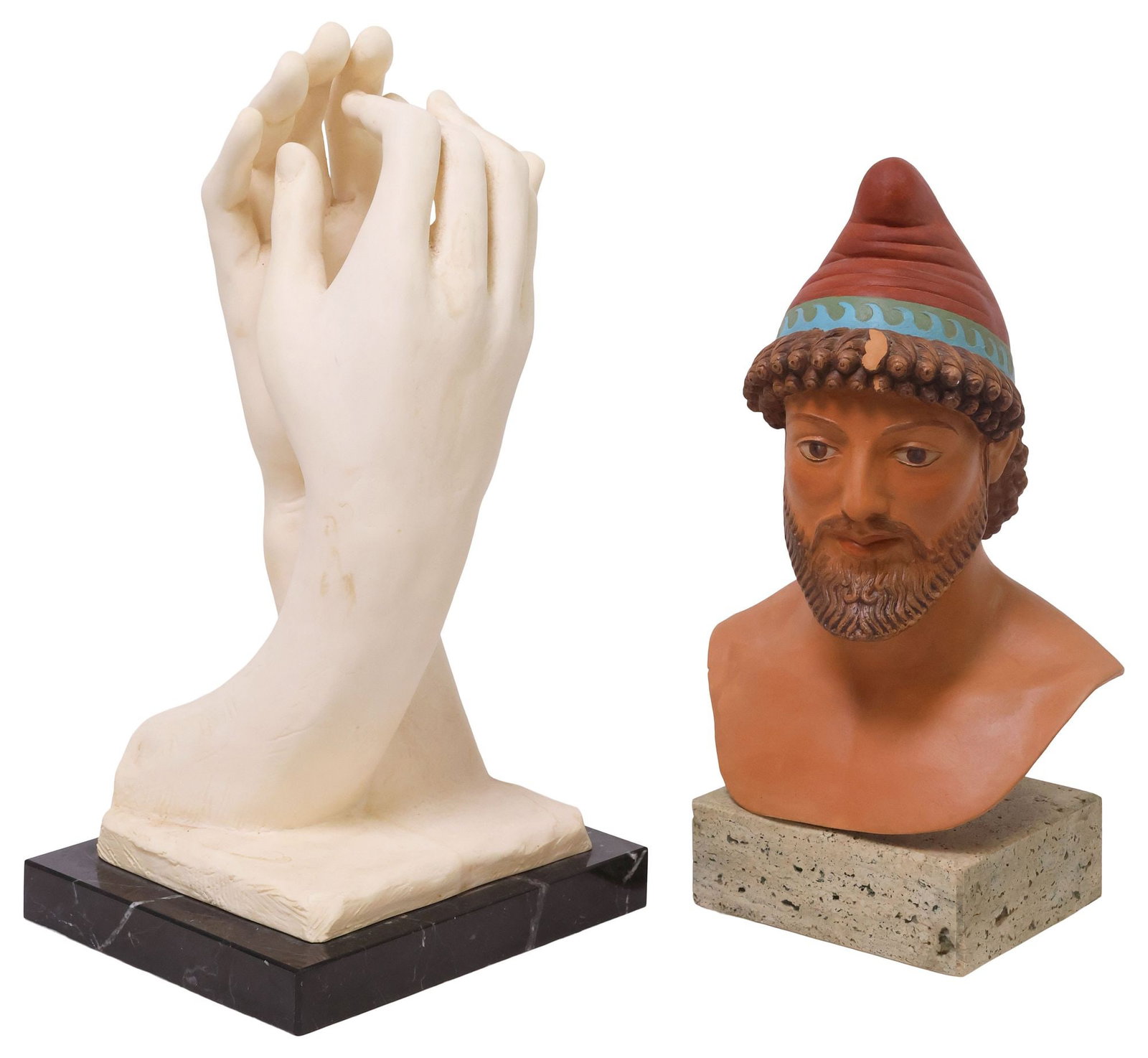(2) SCULPTURES, 'CATHEDRAL' AFTER AUGUSTE RODIN & OTHER ODYSSEUS BUST: (lot of 2) Sculptures, including: (1) cast composite, "The Cathedral," after Auguste Rodin (French, 1840-1917), modeled as two right hands, on marble base, retaining adhesive distributor's label under