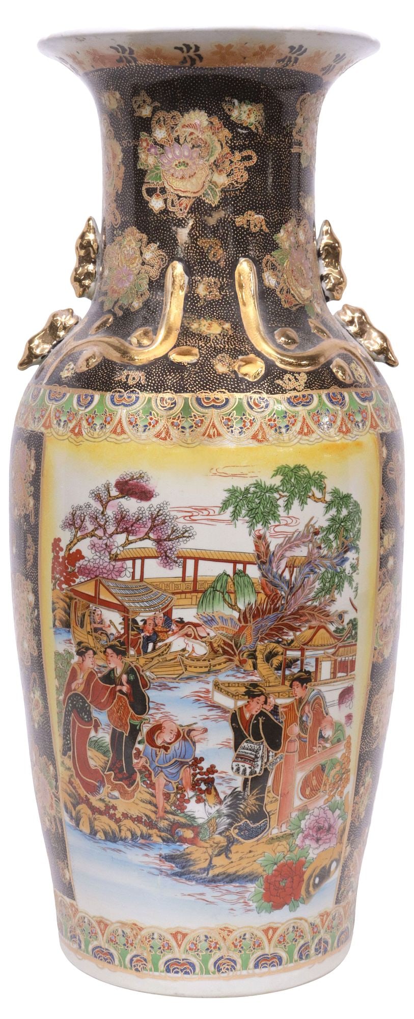 LARGE JAPANESE SATSUMA STYLE PARCEL-GILT PORCELAIN BALUSTER VASE: Large Japanese Satsuma-style porcelain baluster vase, having flared rim and figural foo lion handles, parcel-gilt reserves with figural courtyard scenes, among enameled floral sprays, approx 23.25"h, 