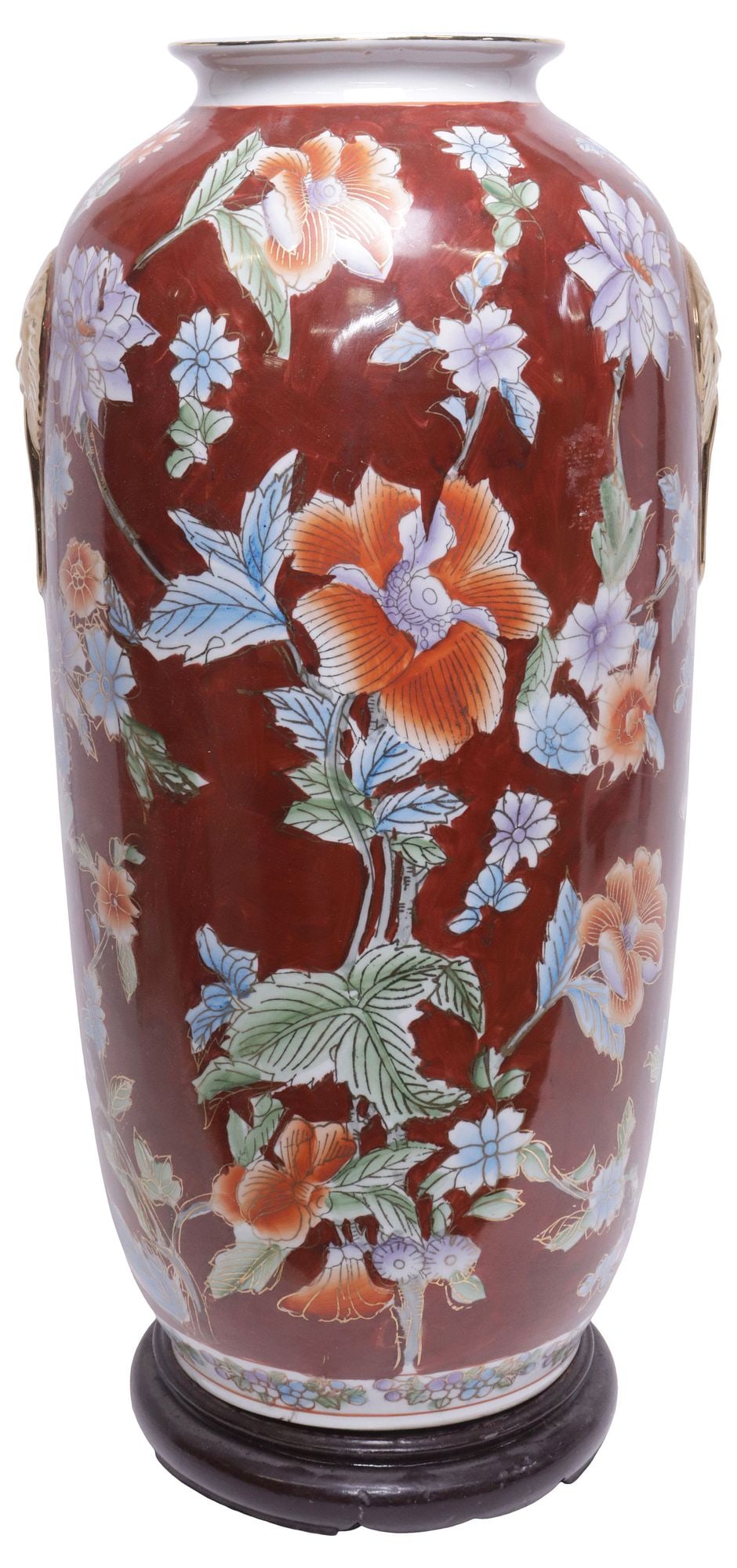 LARGE CHINESE PARCEL-GILT RED PORCELAIN VASE ON WOOD STAND, 25.5"H: Large Chinese parcel-gilt porcelain vase, having flared rim over tapering body, with dual lion mask handles, polychrome flowers and foliate motifs on red ground, rising on wood base, vase: approx 24"h