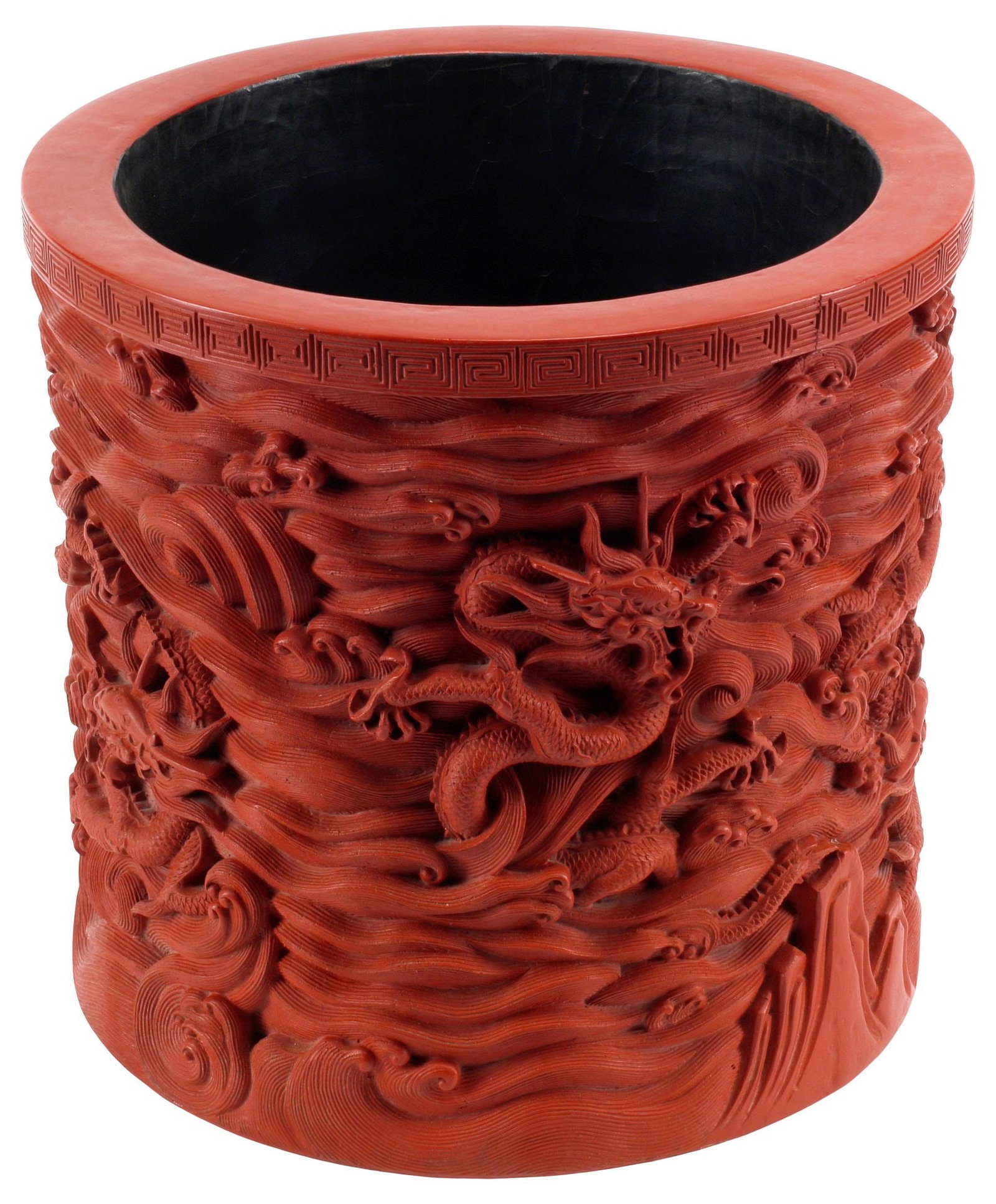 DECORATIVE CHINESE RED DRAGON & CLOUD SCROLL BRUSH POT: Decorative Chinese red brush pot, decorated with dragons and cloud scroll, spurious six-character mark underfoot, likely resin, approx 9"h, 9.5"diam, 7.5lbs