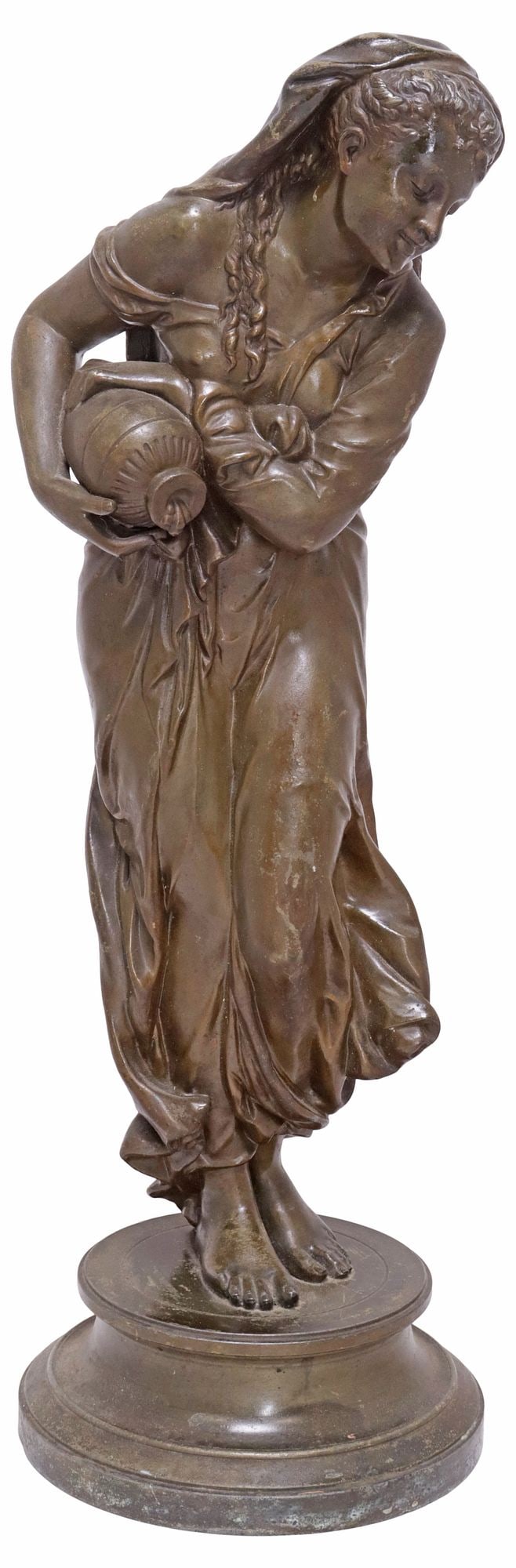 PATINATED SPELTER FIGURAL SCULPTURE, FEMALE WATER BEARER (1 of 4)