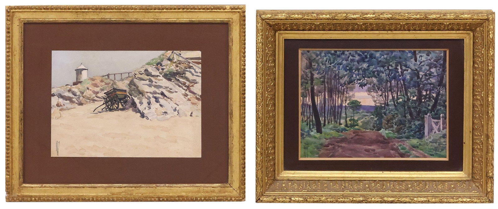 (2) DONATIEN ROY (FRENCH, 1854-1930) WATERCOLOR LANDSCAPE PAINTINGS: (lot of 2) Framed watercolor paintings on paper, each signed lower left D. Roy (Donatien Roy, French, 1854-1930), including: (1) Scenic Forest Path, retaining printed label with biographical informati