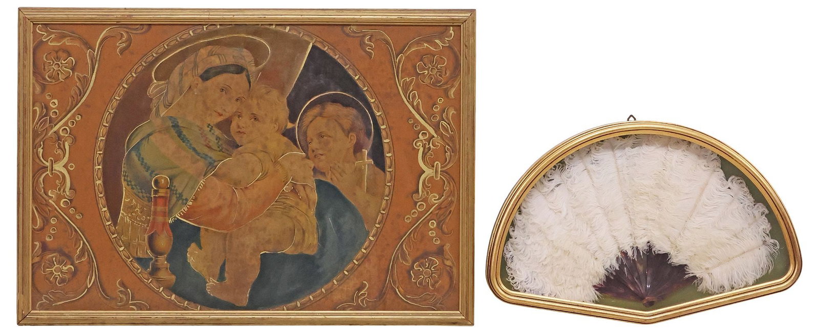 (2) PRINT AFTER RAPHAEL 'MADONNA SEGGIOLA' & FRAMED LADIES FEATHER FAN (1 of 4)