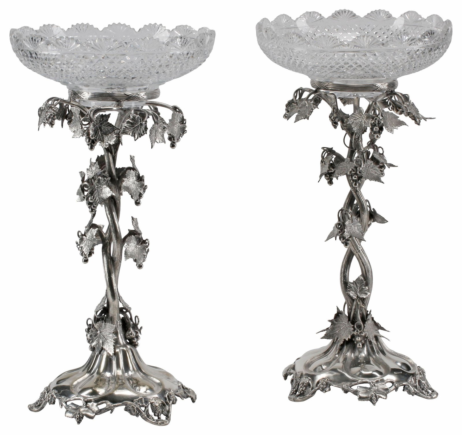 (2) HENRY WILKINSON VICTORIAN SHEFFIELD PLATE & CUT GLASS CENTERPIECE COMPOTES: (pair) English Victorian silverplate centerpiece compotes, Henry Wilkinson, Sheffield, late 19th c., each having diamond-cut crystal bowl with fan-form scalloped rim, on naturalistic entwined grapevin