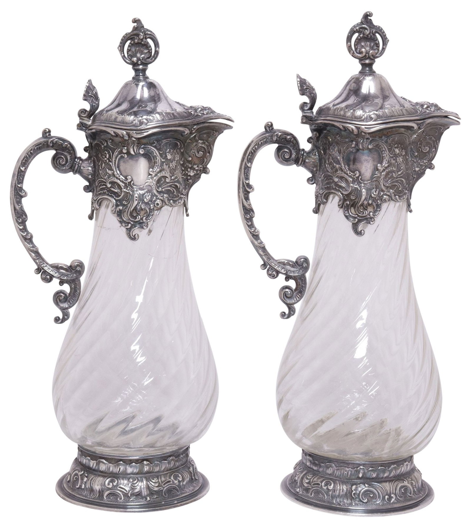 (2) GERMAN WMF ROCOCO STYLE SILVERPLATE & SPIRALED GLASS CLARET JUGS (1 of 6)