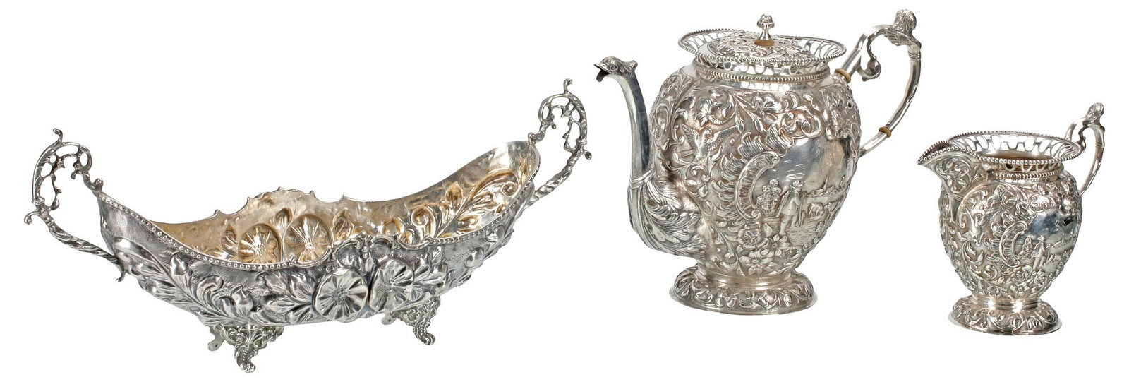 (3) DUTCH .833 SILVER REPOUSSE TEAPOT, CREAMER & OTHER .900 SILVER CENTERPIECE (1 of 7)