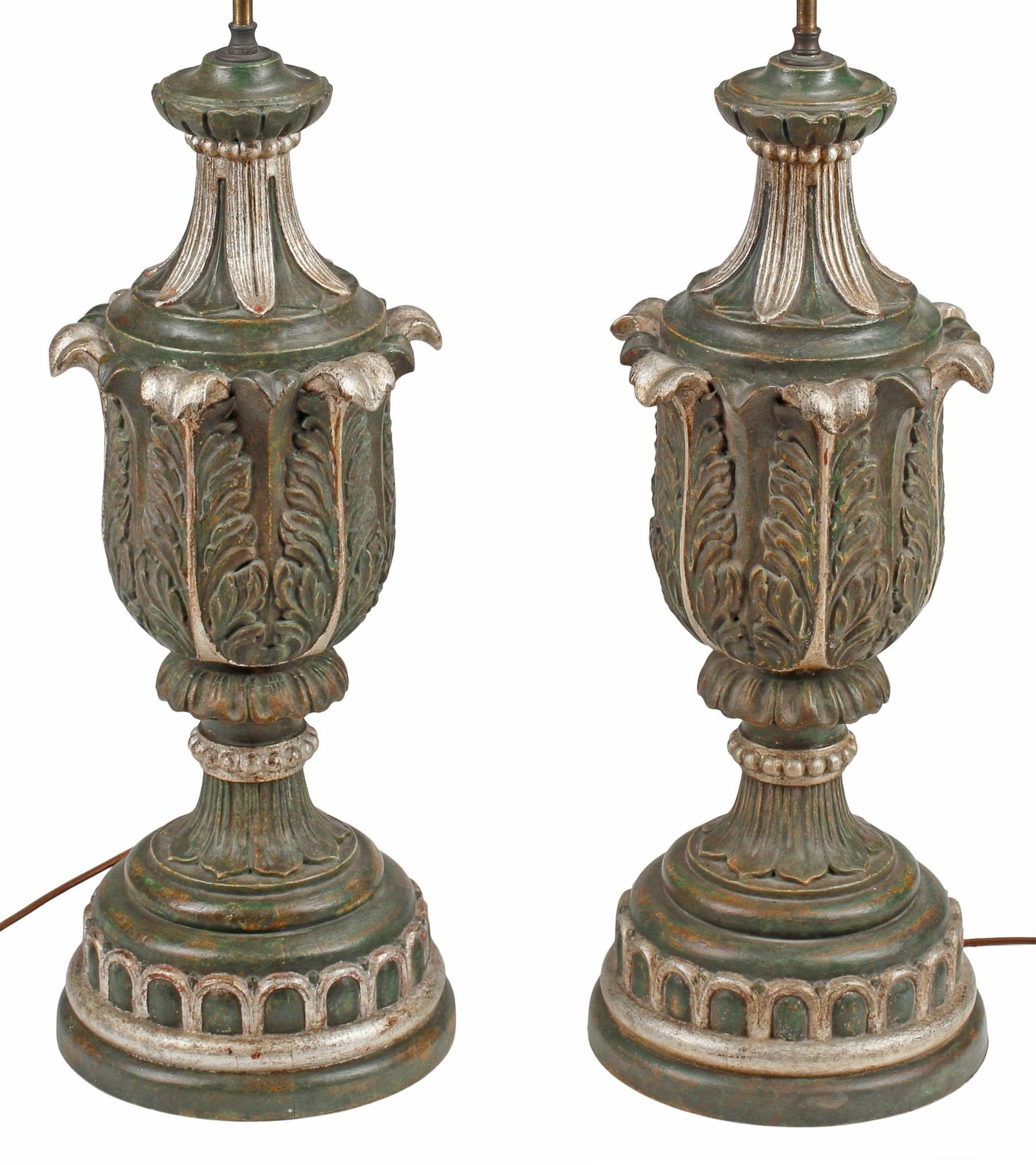 (2) NEOCLASSICAL STYLE SILVER-GILT CARVED WOOD 2-LIGHT LAMPS, 38"H: (pair) Large Neoclassical style silver-gilt carved wood two-light lamps, each having urn-form standard with acanthus motifs and beaded trim, rising on integral stepped socle, observed operating, appro