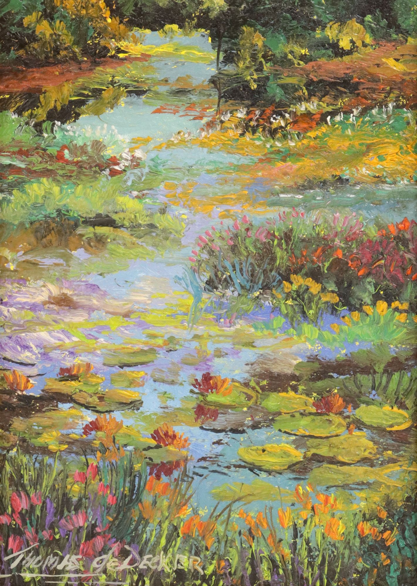 THOMAS deDECKER (b.1951) OIL ON BOARD PAINTING, 'FLORAL PEACE': Framed oil on board painting, "Floral Peace," signed lower left Thomas deDecker (American, b.1951), titled and dated 2026 with additional artist's signature verso, sight: approx 6.75"h, 4.5"w, overall