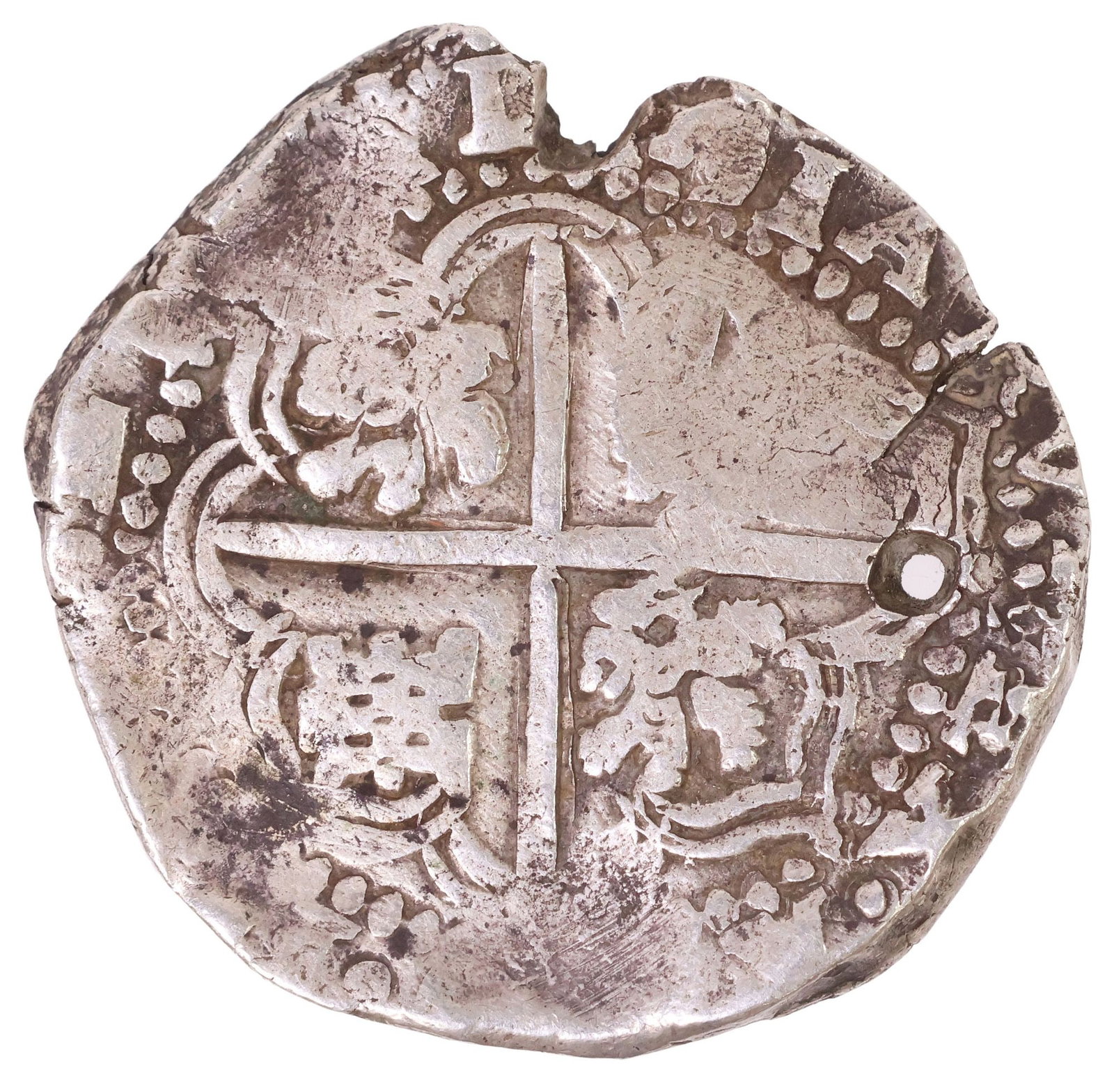 SPANISH COLONIAL 8 REALE SILVER SHIELD-TYPE COB COIN, BOLIVIA: Spanish Colonial cob shield-type silver coin, 8 reales, with legible "P" mint mark for Potosi, Bolivia, off center shield with castles and lions and the denomination "8" to the right, the reverse with