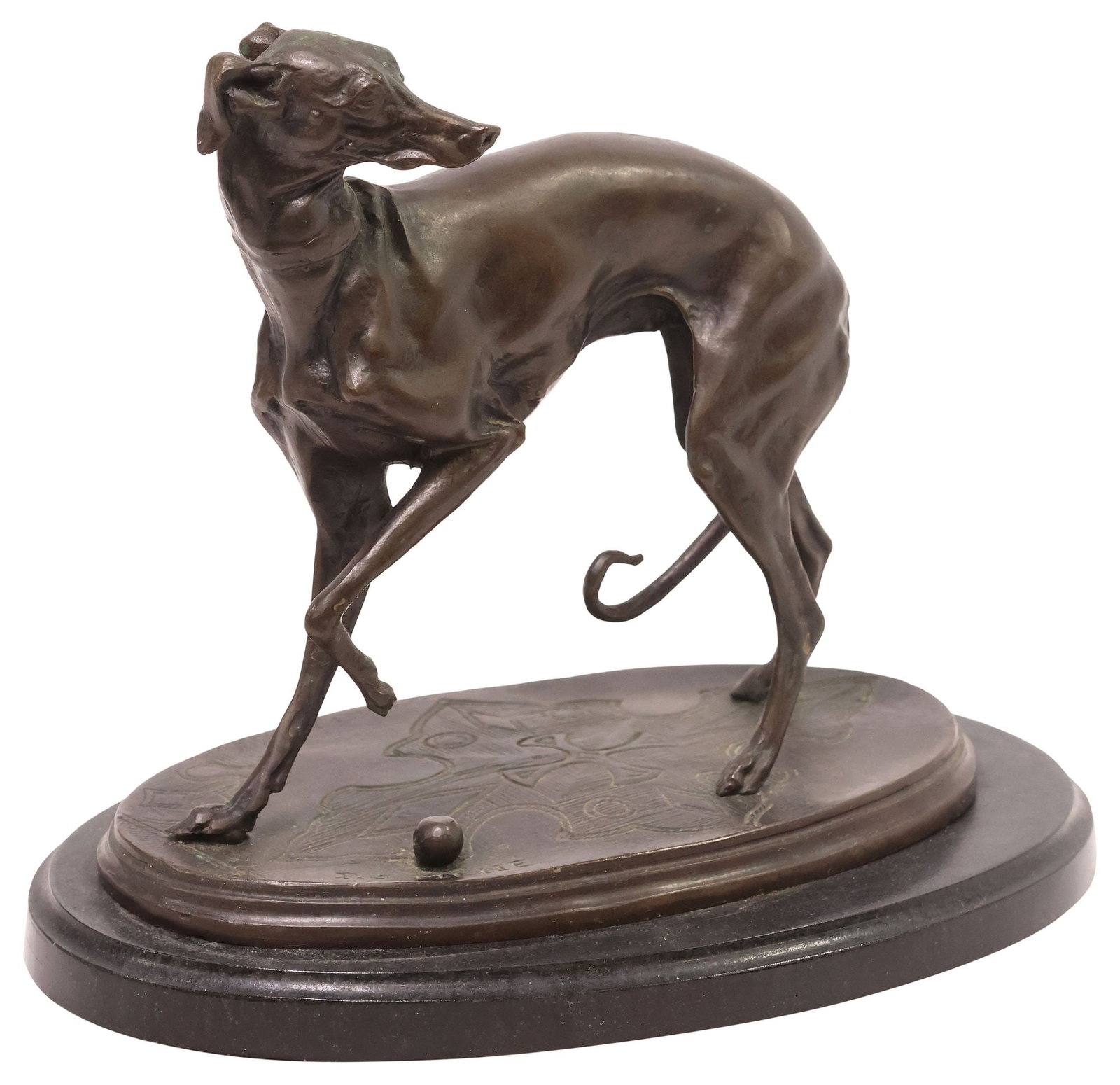 AFTER PIERRE JULES MENE (FRENCH, 1810-1879) BRONZE WHIPPET: Patinated bronze sculpture, Greyhound or Whippet, after Pierre Jules Mene (French, 1810-1879), signed in cast "P.J. Mene," dual Susse Freres foundry marks along edge of cast base, approx 6.25"h,