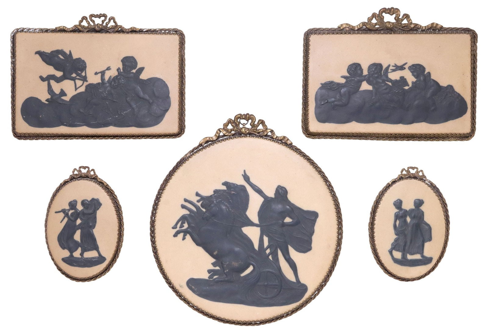 (5) CAMILLE THARAUD (FRENCH, 1878-1956) LIMOGES PATE-SUR-PATE RELIEF PLAQUES: (lot of 5) Limoges Neoclassical-style pate-sur-pate plaques, attributed to Camille Tharaud (French, 1878-1956), each in gilt-metal frame with ribbon-tied crest and fine beaded trim, including: (1)