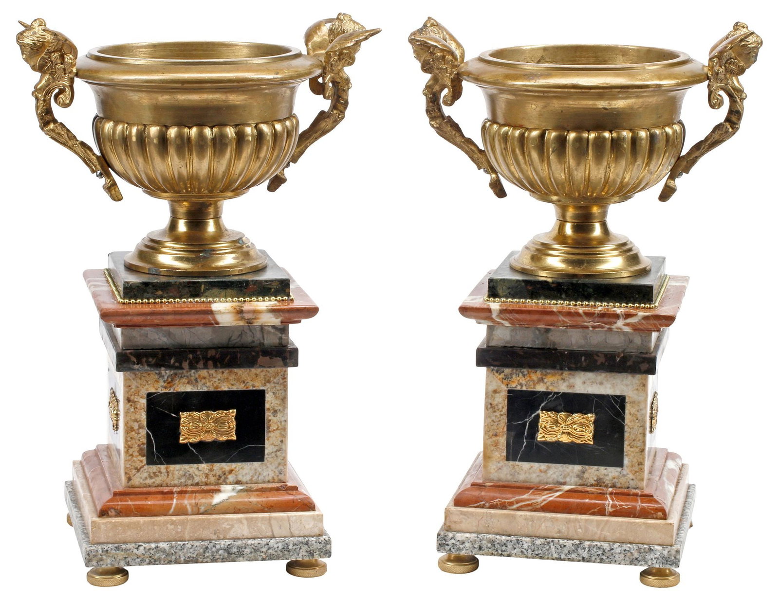 (2) NEOCLASSICAL STYLE ORMOLU URNS ON SPECIMEN MARBLE PLINTHS (1 of 5)