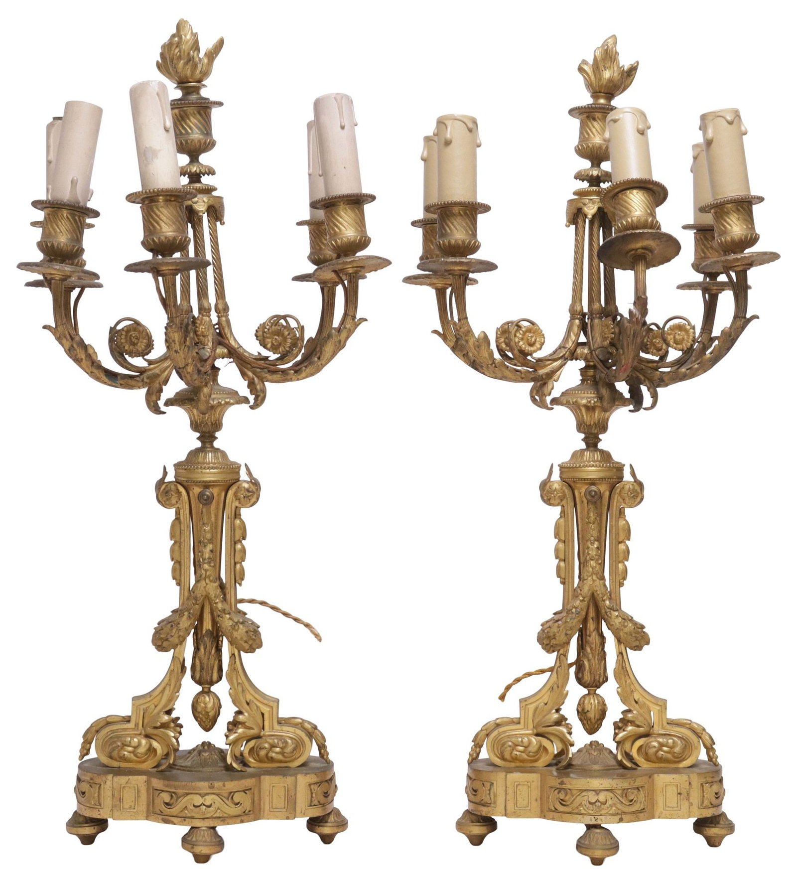 (2) FRENCH LOUIS XVI STYLE ORMOLU 5-LIGHT CANDELABRA: (pair) French Louis XVI style bronze dore five-light candelabra, early 20th c., now electrified, turned-form standard with foliate garland, issuing scrolled arms terminating at fluted bobeches and fau
