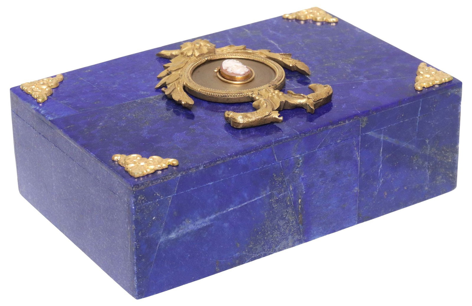 EMPIRE STYLE ORMULU & CAMEO-MOUNTED LAPIS LAZULI TABLE BOX: Empire style table box, 20th c., of rectangular form, exterior tiled with lapis lazuli, top mounted with gilt bronze frame, eagle finials over circular border, enclosing central cameo, flanked by