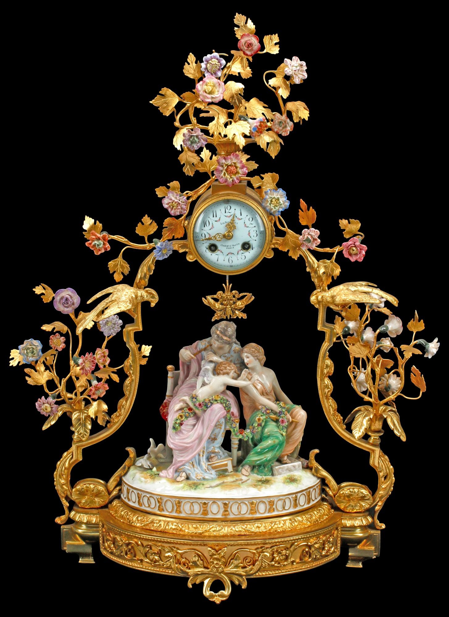 LARGE LOUIS XV STYLE ORMOLU & PORCELAIN FIGURAL MANTEL CLOCK (1 of 9)