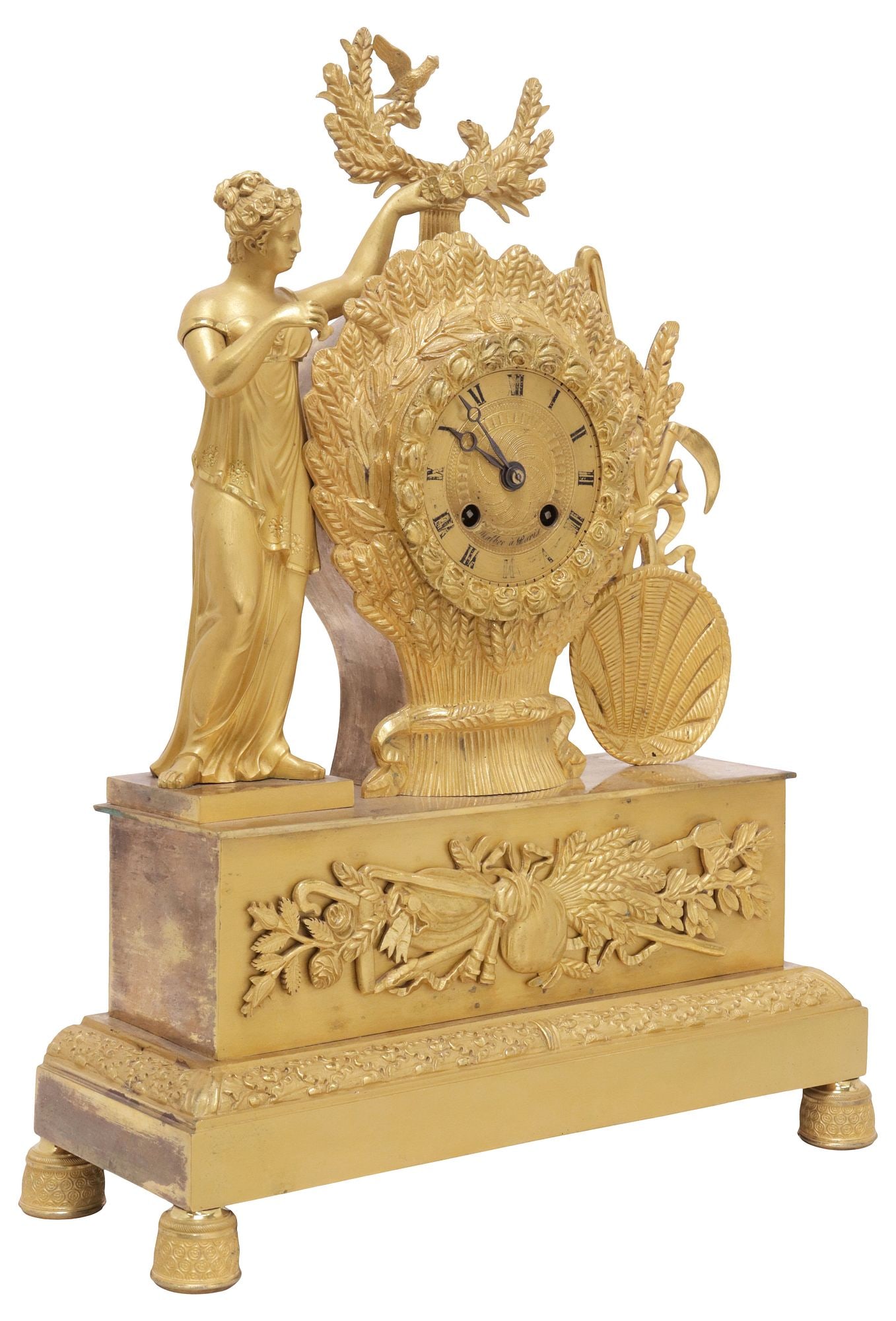 FRENCH EMPIRE PERIOD FIGURAL GODDESS ORMOLU MANTEL CLOCK: French Empire period bronze dore mantel clock, early 19th c., surmounted by an allegorical female figure, likely the Greek harvest goddess Demeter, holding butterfly and floral wreath, among sheathes